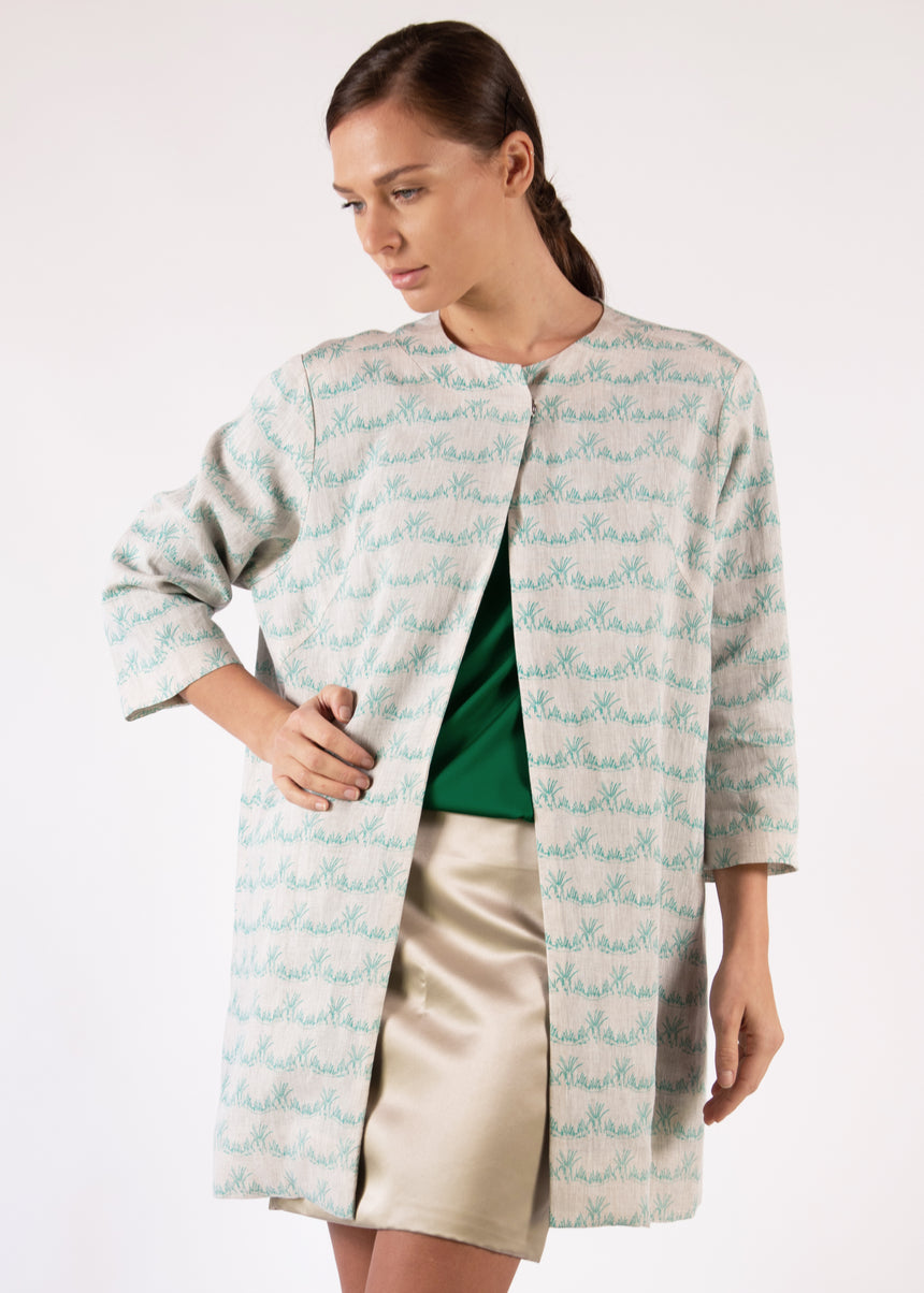 Coat Green Leafs Print Natural Linen Round Neck Loose Fit
