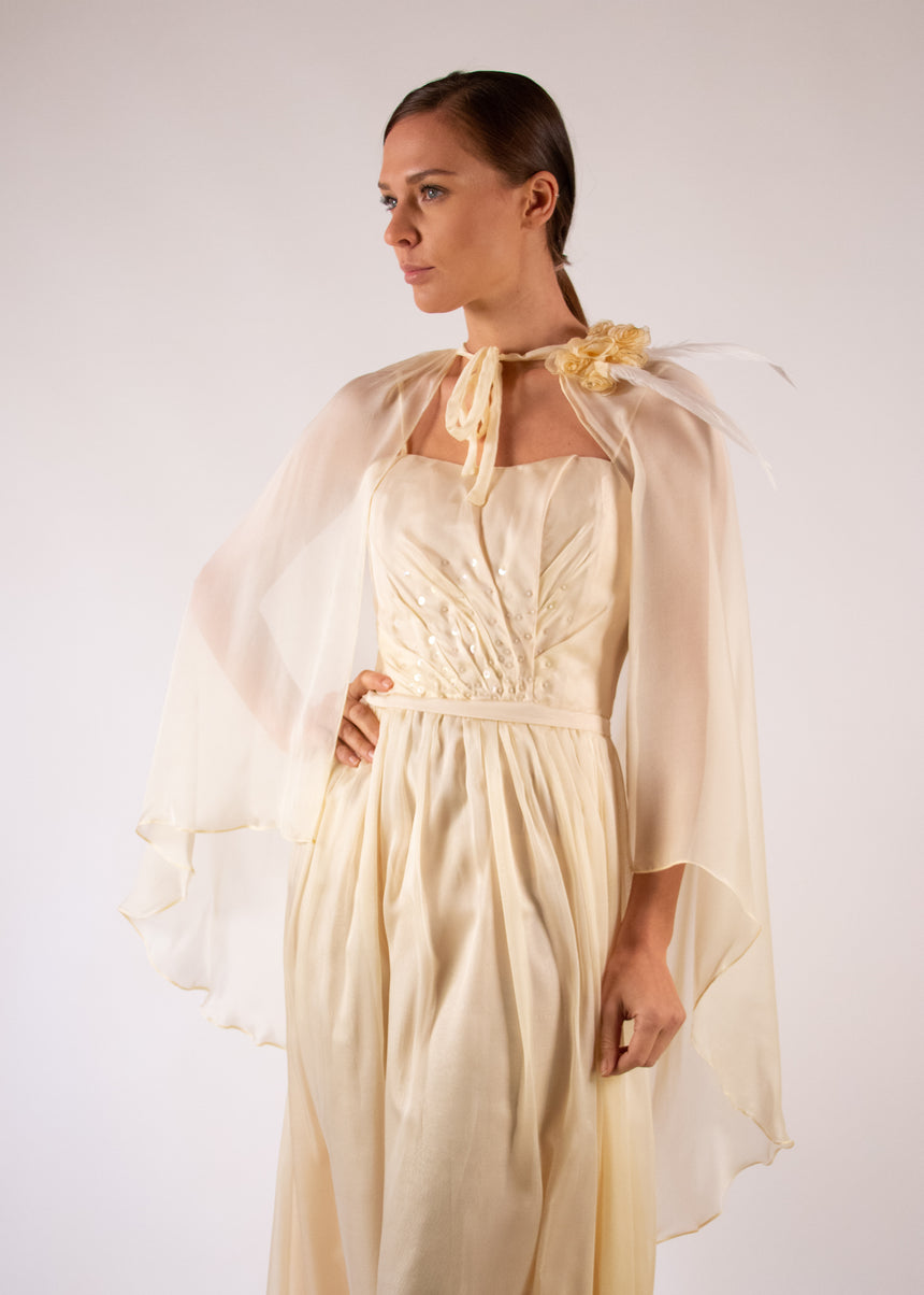 Cape Gown Ivory Silk Embroidered Pleated Heart White Feathers Handmade Flowers