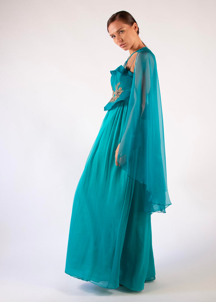 Cape Gown Emerald Silk Detachable Cape Aplique Embroidered Heart Neckline