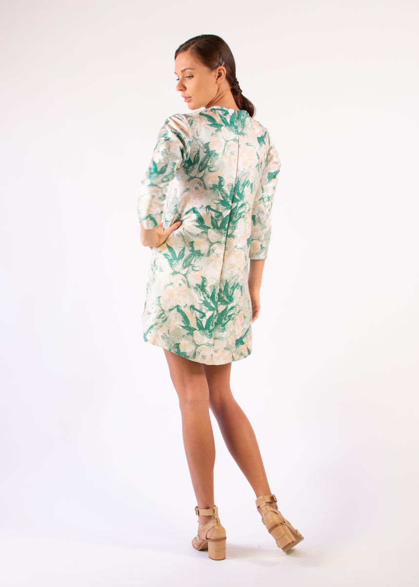 Cocktail Dress Beige Green 3/4 Sleeves Leafs Embellished Round Neck