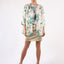 Jacket Beige Green Brocade 3/4 Sleeves Leafs Embellished Round Neck Buttoned