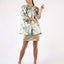 Jacket Beige Green Brocade 3/4 Sleeves Leafs Embellished Round Neck Buttoned