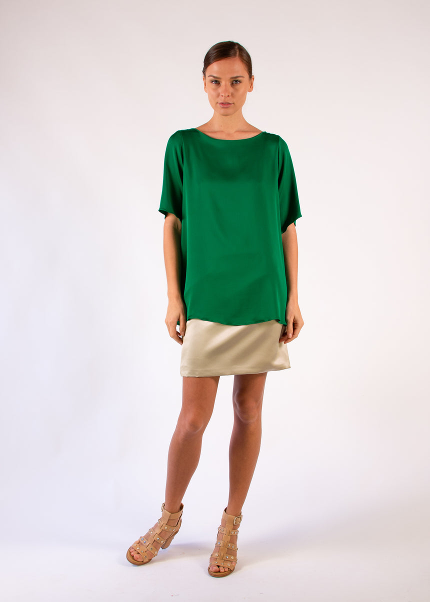 Blouse Short Sleeves Green Silk Boat Neck Relaxed Fit