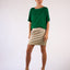 Blouse Short Sleeves Green Silk Boat Neck Relaxed Fit