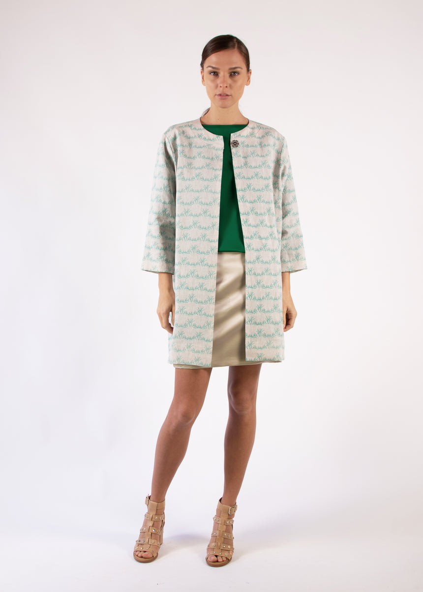 Coat Green Leafs Print Natural Linen Round Neck Loose Fit