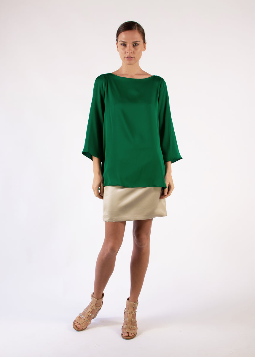 Blouse  in Green Silk Charmeuse With 3/4 Sleeves Boat Neck Relaxed Fit