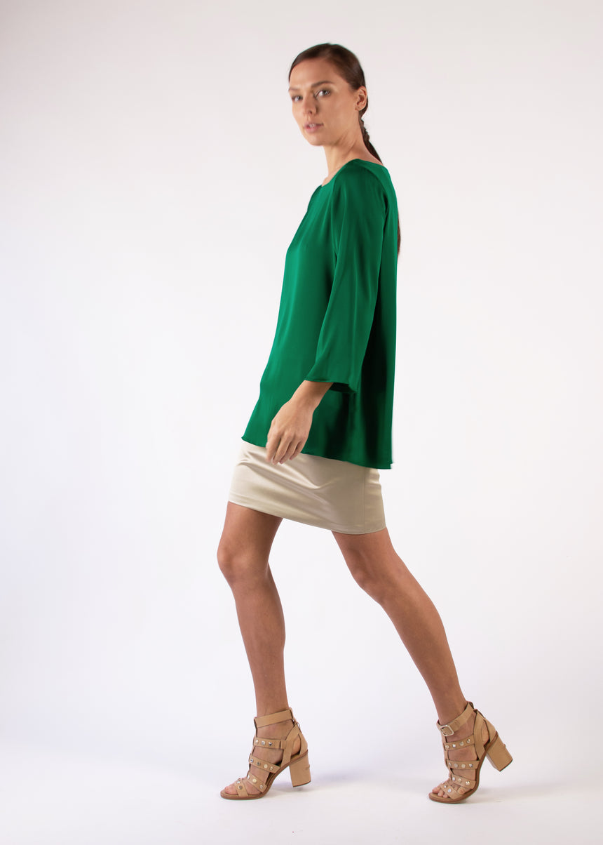 Blouse  in Green Silk Charmeuse With 3/4 Sleeves Boat Neck Relaxed Fit