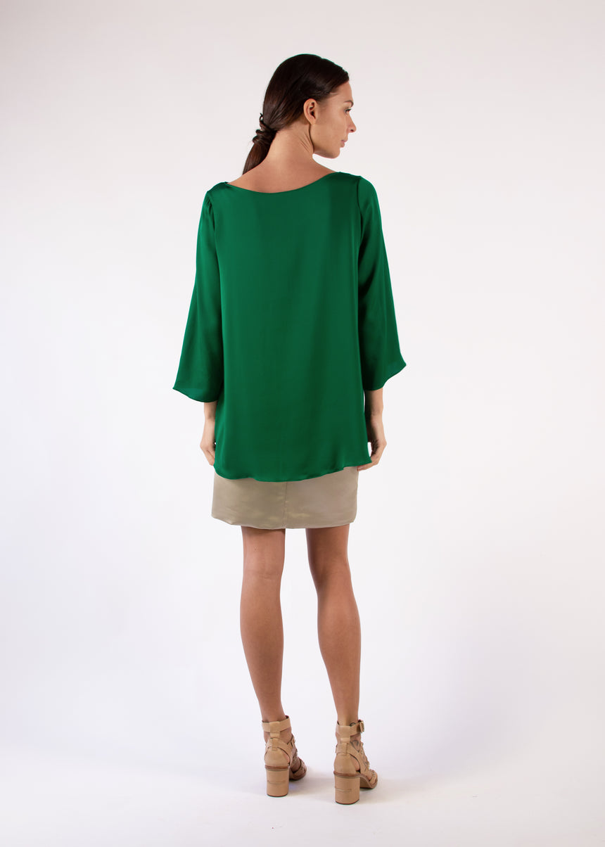 Blouse  in Green Silk Charmeuse With 3/4 Sleeves Boat Neck Relaxed Fit