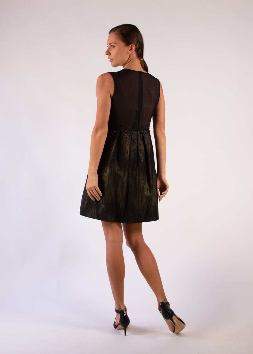 Cocktail Dress Cotton Black Gold See Through Pleated Stars Beads Embroideries