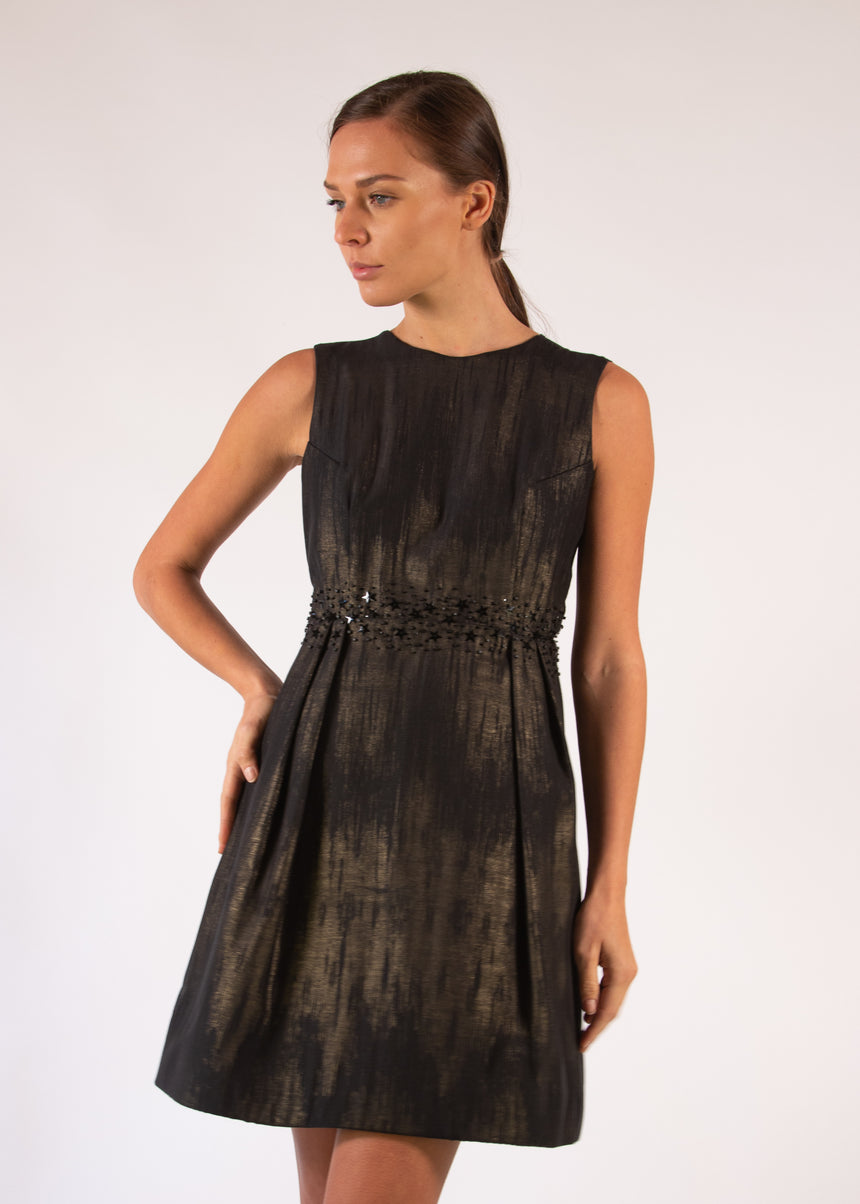 Cocktail Dress Cotton Black Gold See Through Pleated Stars Beads Embroideries