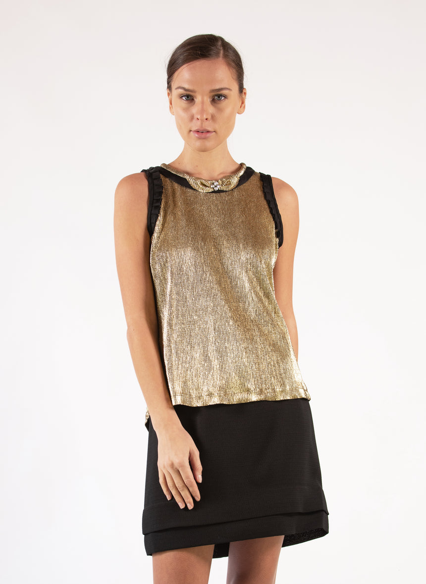 Blouse Metallic Textured Gold Black Pleated Aplique Rhinestones Embroideries