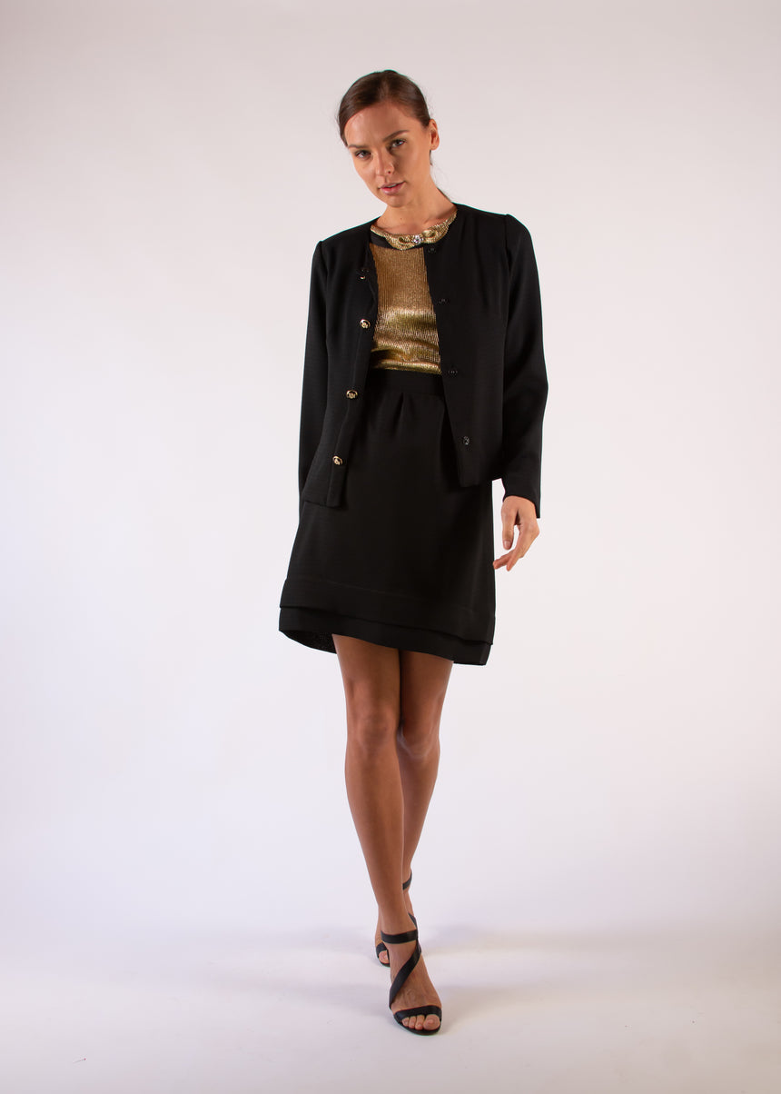 Classic Black Crepe Embossed Buttons Pleated Hem Skirt Suit