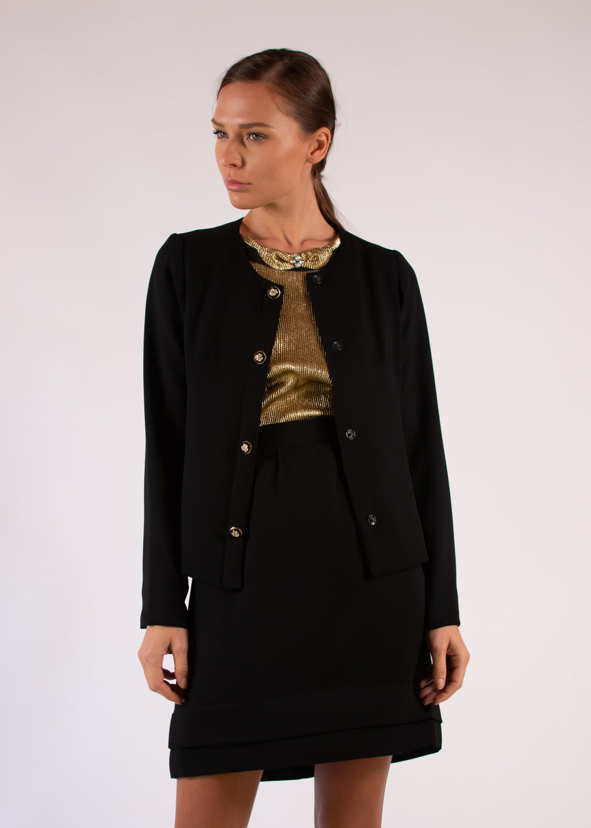 Classic Black Crepe Embossed Buttons Pleated Hem Skirt Suit