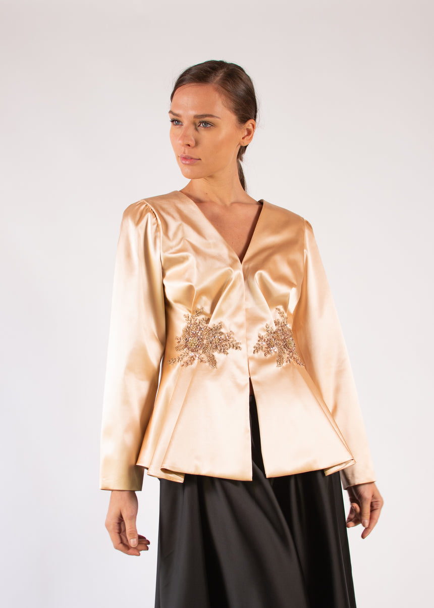 Jacket Salmon Silk Lace Applique Asymmetrical Pleats Embroidered Long Sleeves