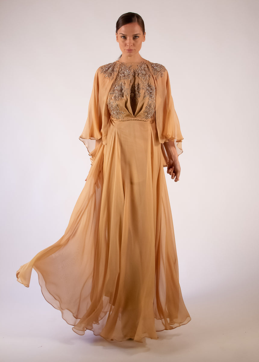 Cape Gown Taupe Silk Appliqué Embroidered Braid Halter Neck