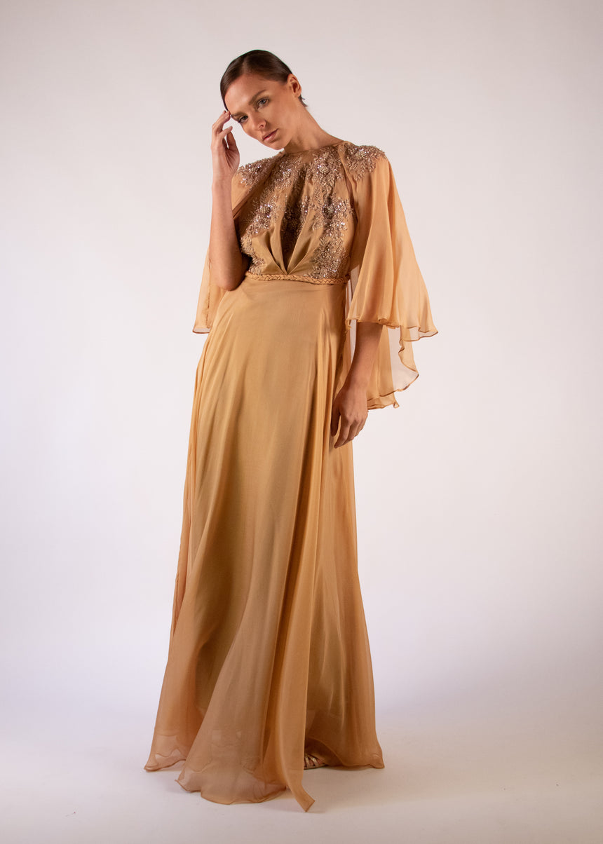 Cape Gown Taupe Silk Appliqué Embroidered Braid Halter Neck