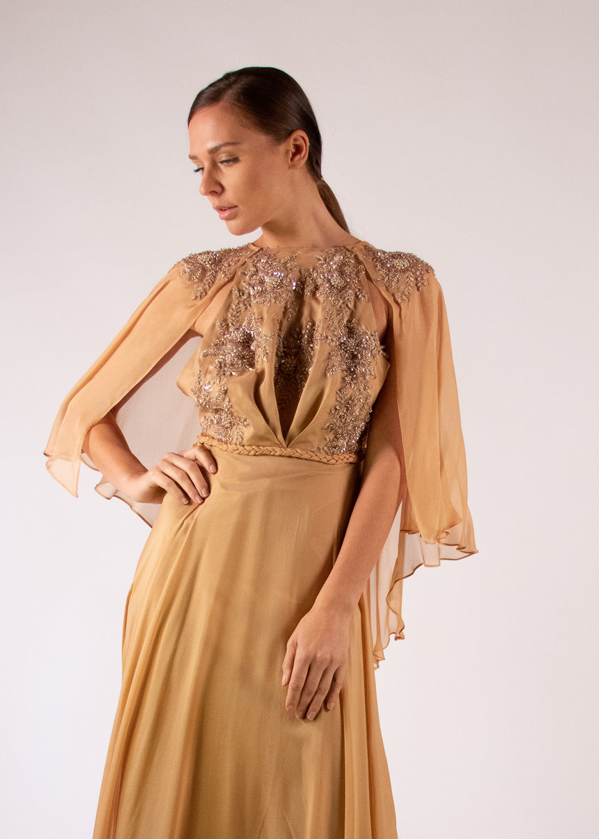 Cape Gown Taupe Silk Appliqué Embroidered Braid Halter Neck