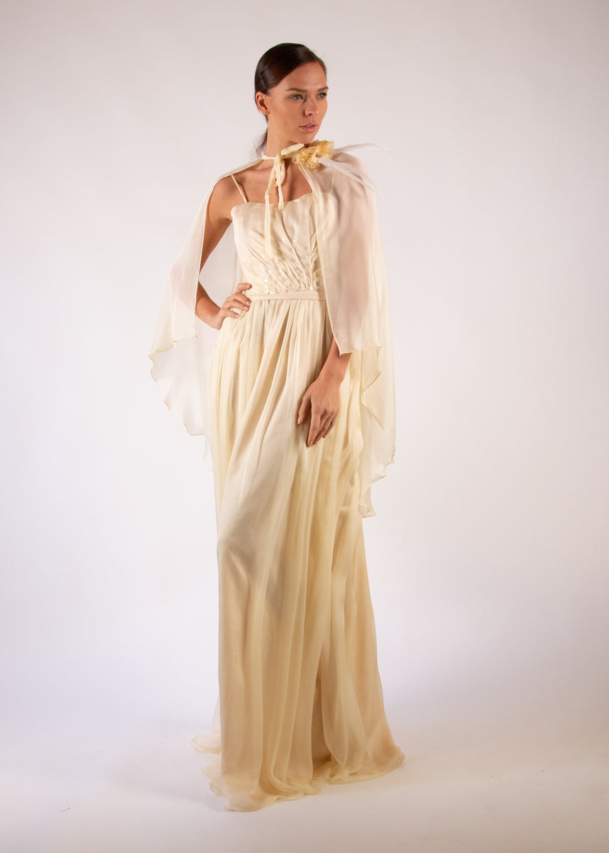 Cape Gown Ivory Silk Embroidered Pleated Heart White Feathers Handmade Flowers