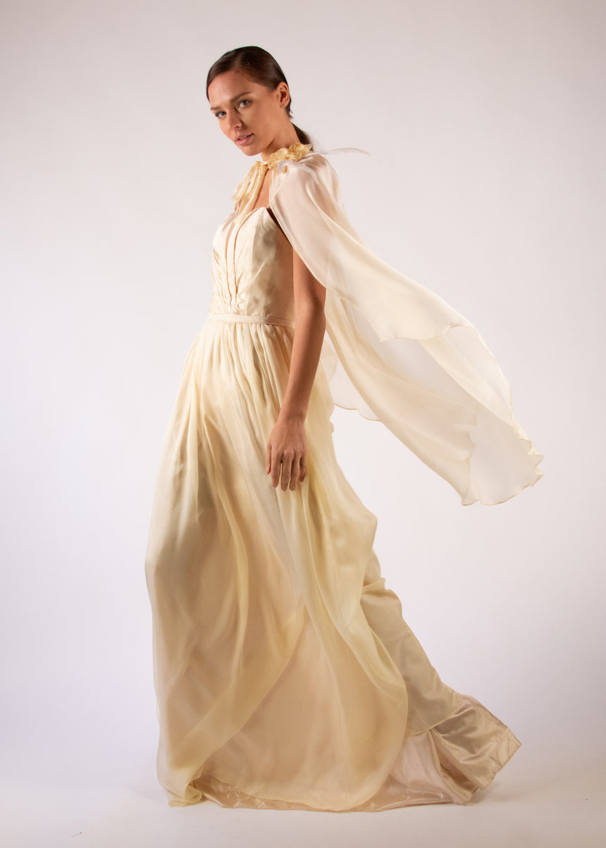 Cape Gown Ivory Silk Embroidered Pleated Heart White Feathers Handmade Flowers