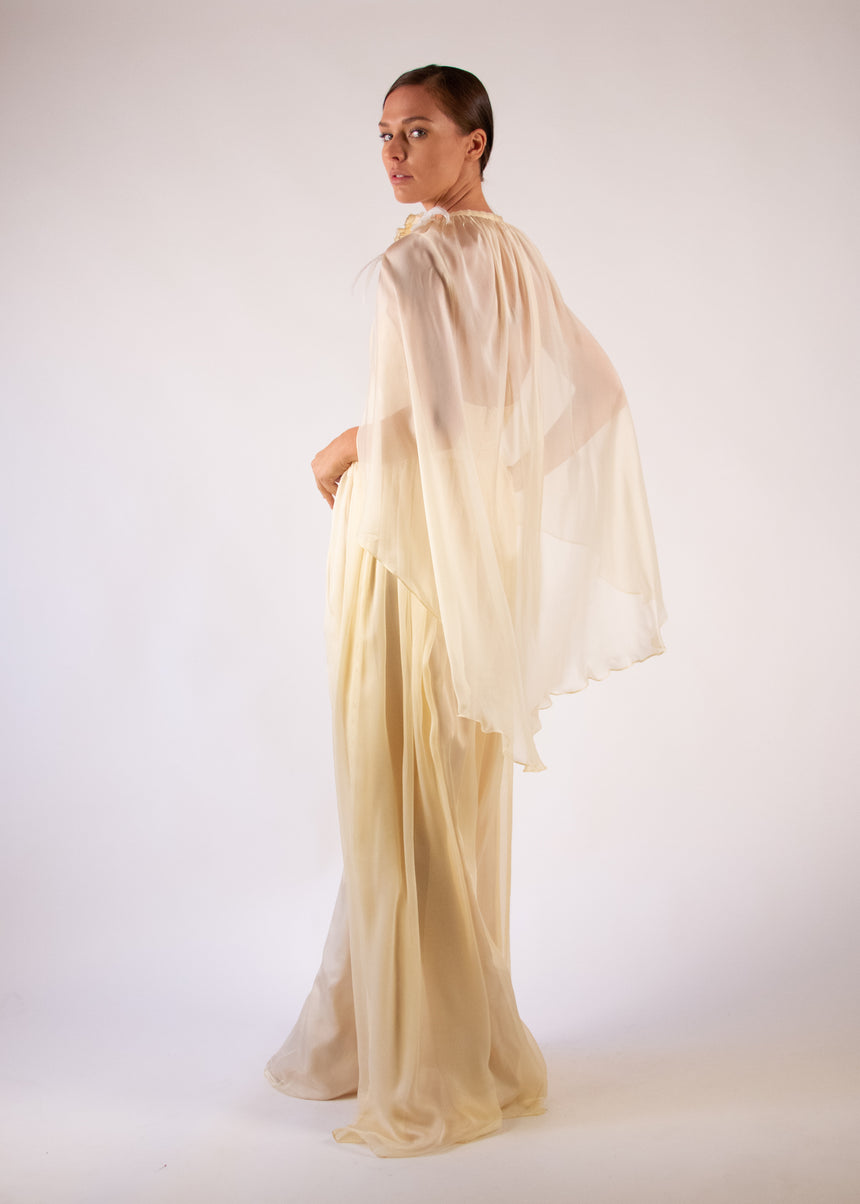 Cape Gown Ivory Silk Embroidered Pleated Heart White Feathers Handmade Flowers