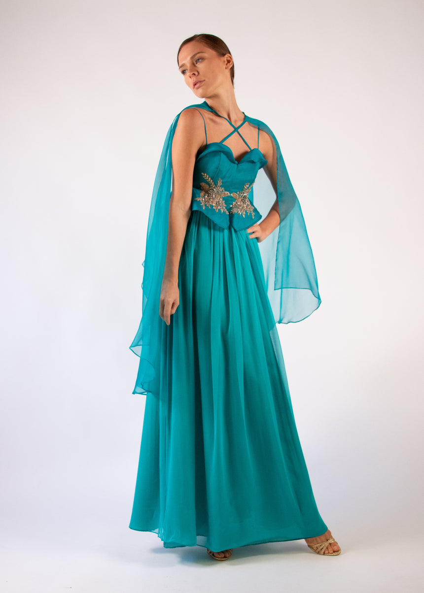 Cape Gown Emerald Silk Detachable Cape Aplique Embroidered Heart Neckline