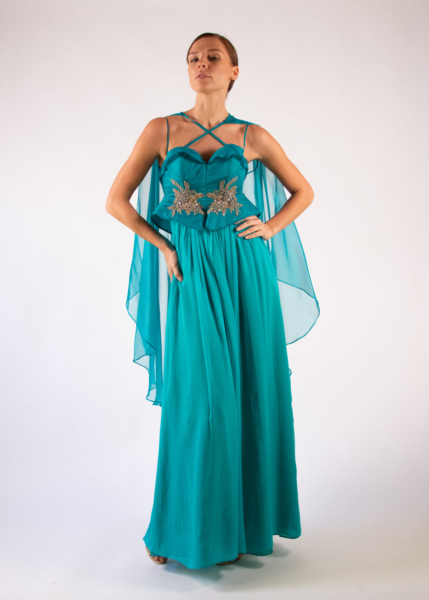 Cape Gown Emerald Silk Detachable Cape Aplique Embroidered Heart Neckline