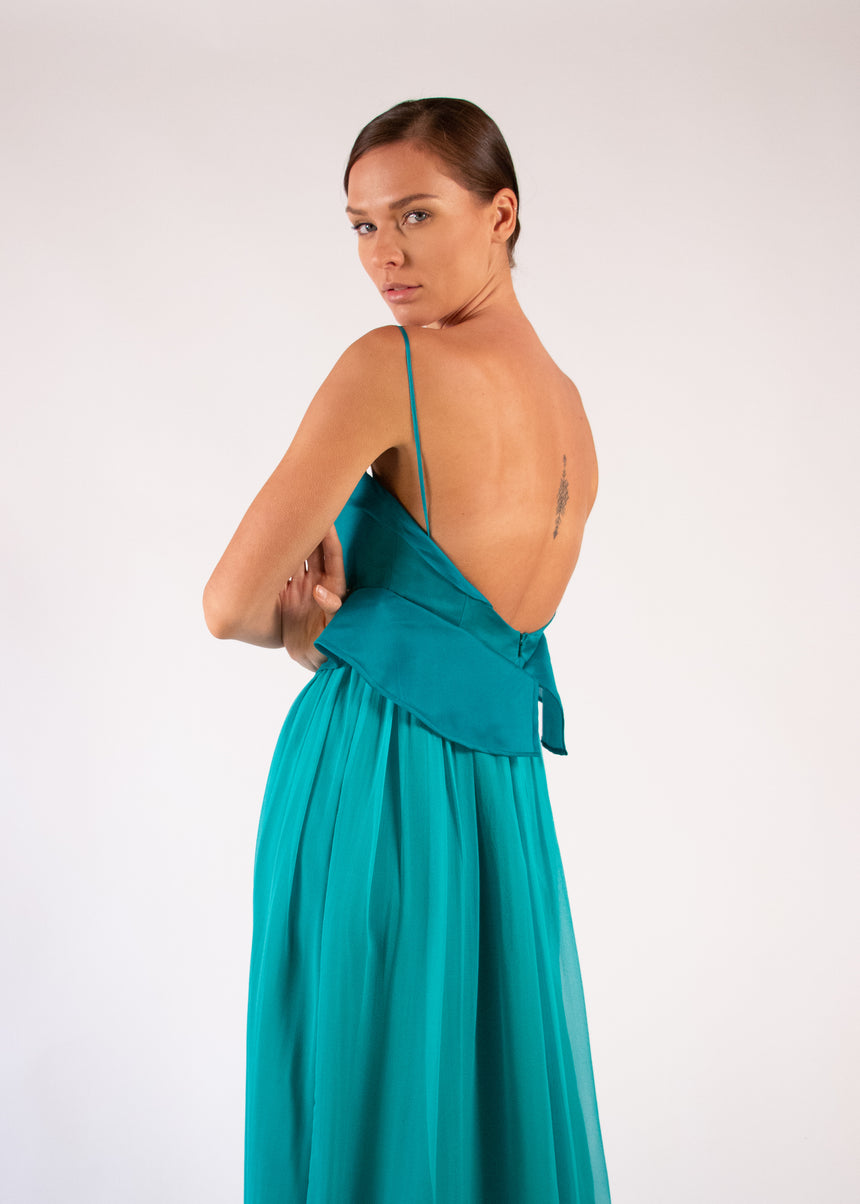 Cape Gown Emerald Silk Detachable Cape Aplique Embroidered Heart Neckline